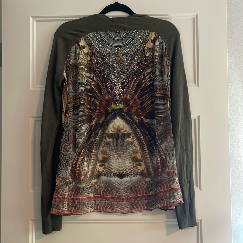 Camilla Embellished Long Sleeve Knit Top with Intricate Design - olive green